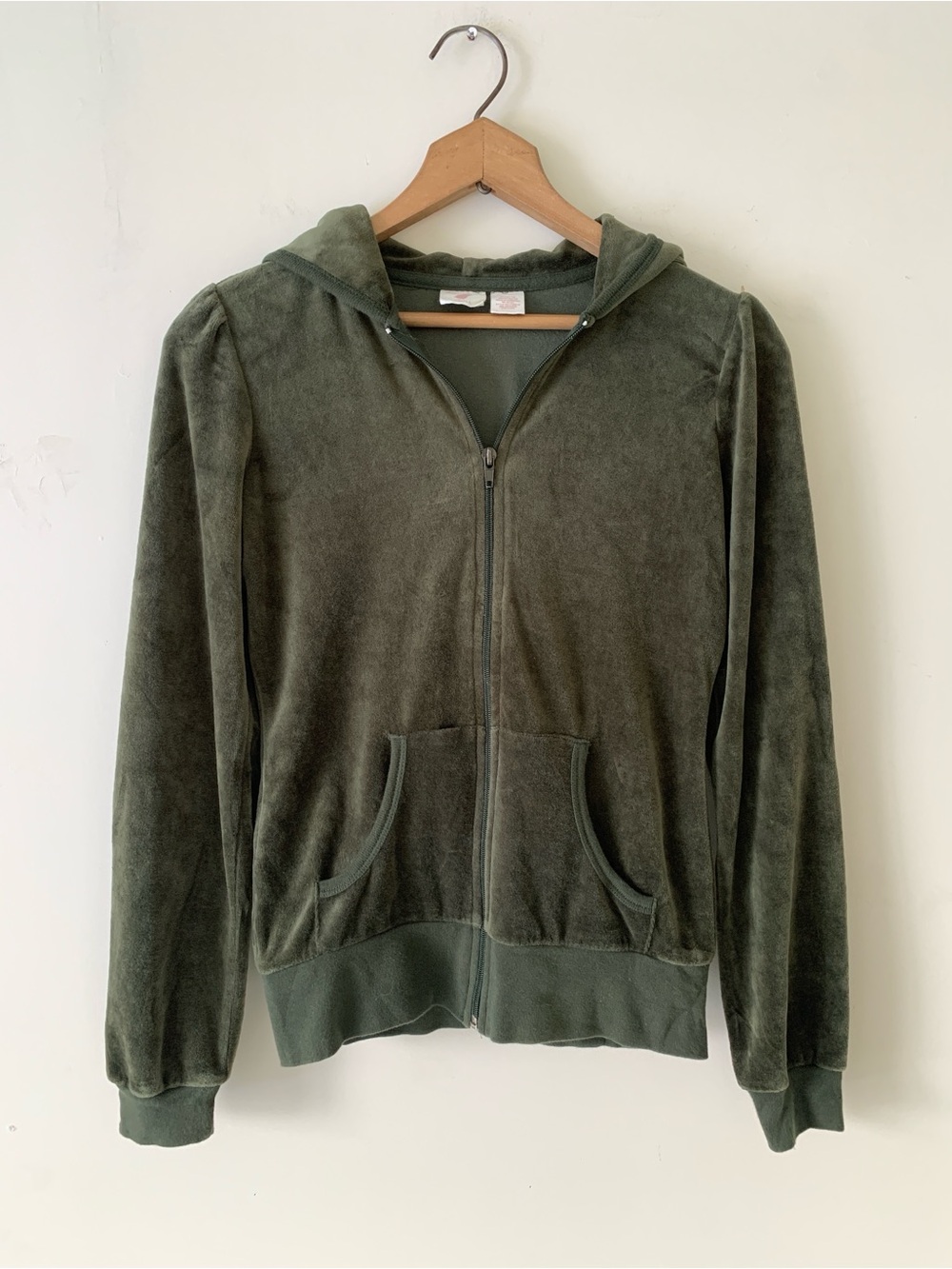 Y2K Women's Dark Olive Green Hooded Zip-Up Velour Jacket